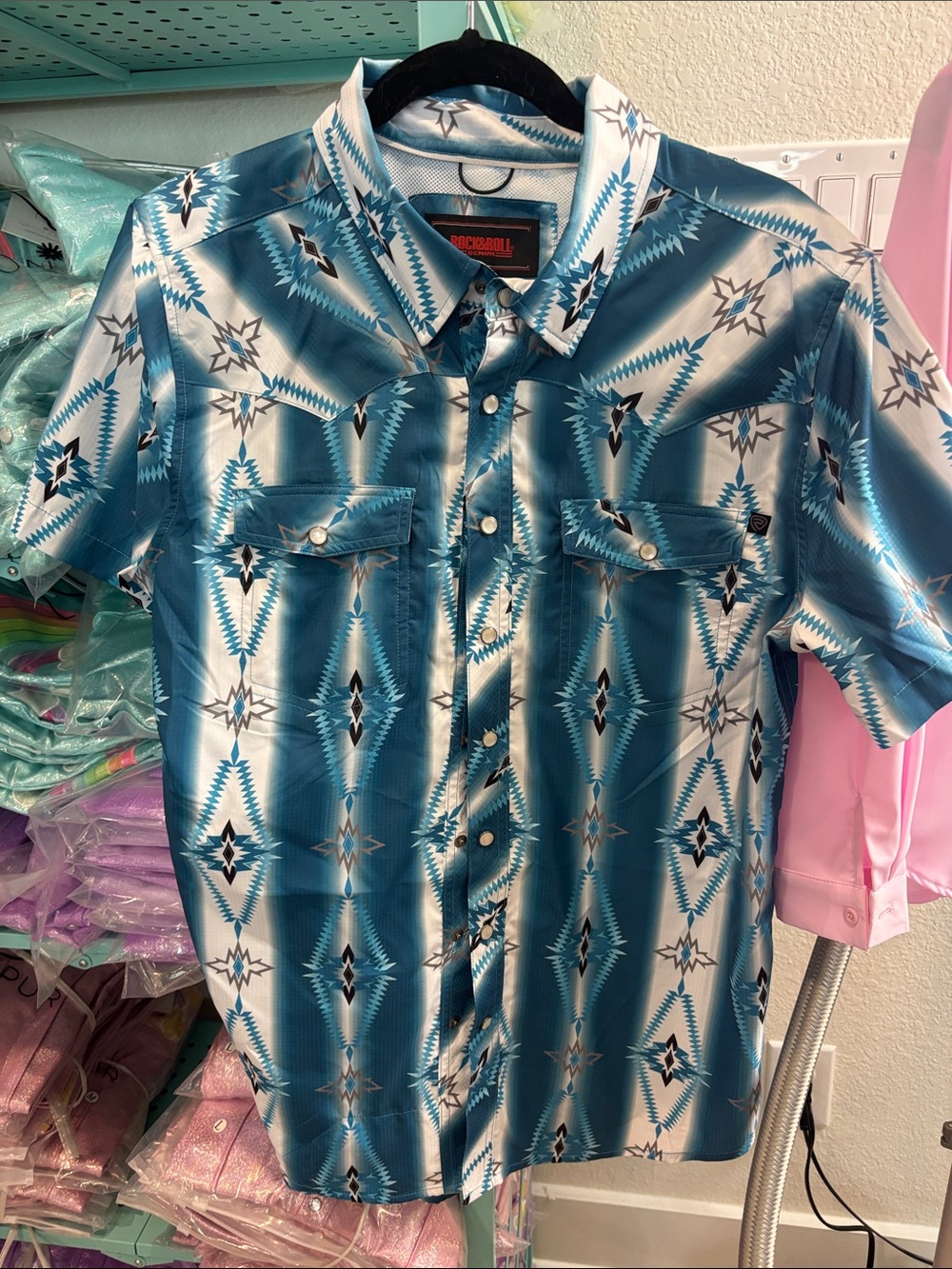 Teal Geometric Short-Sleeve Western Shirt